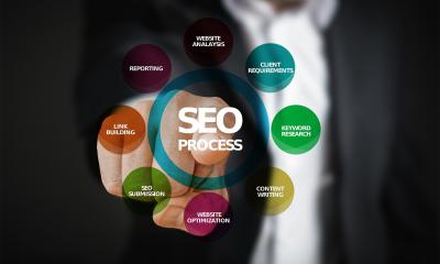 Man pointing a finger at a SEO graphic
