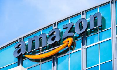 Amazon logo on the facade of one of their corporate office buildings located in Silicon Valley