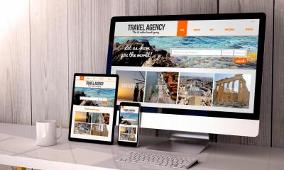 Multiple different digital devices showing a design of a travel website