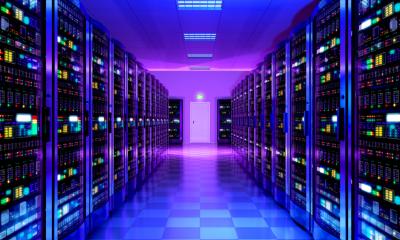 Row of servers in a purple lit room