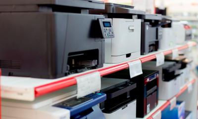 Shelves of printers in a shop