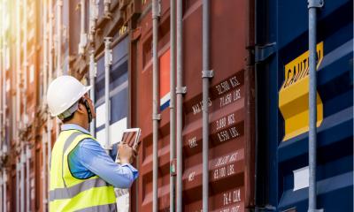 Dockyard worker checking ship containers